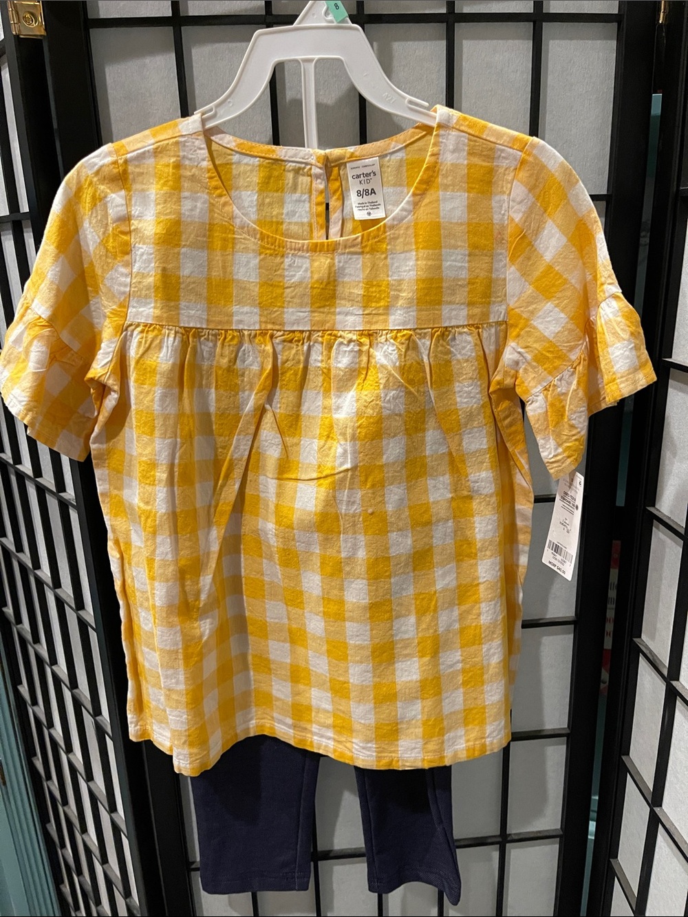 Carter's Yellow and White Gingham Short Sleeve Blouse and denim blue pants. .